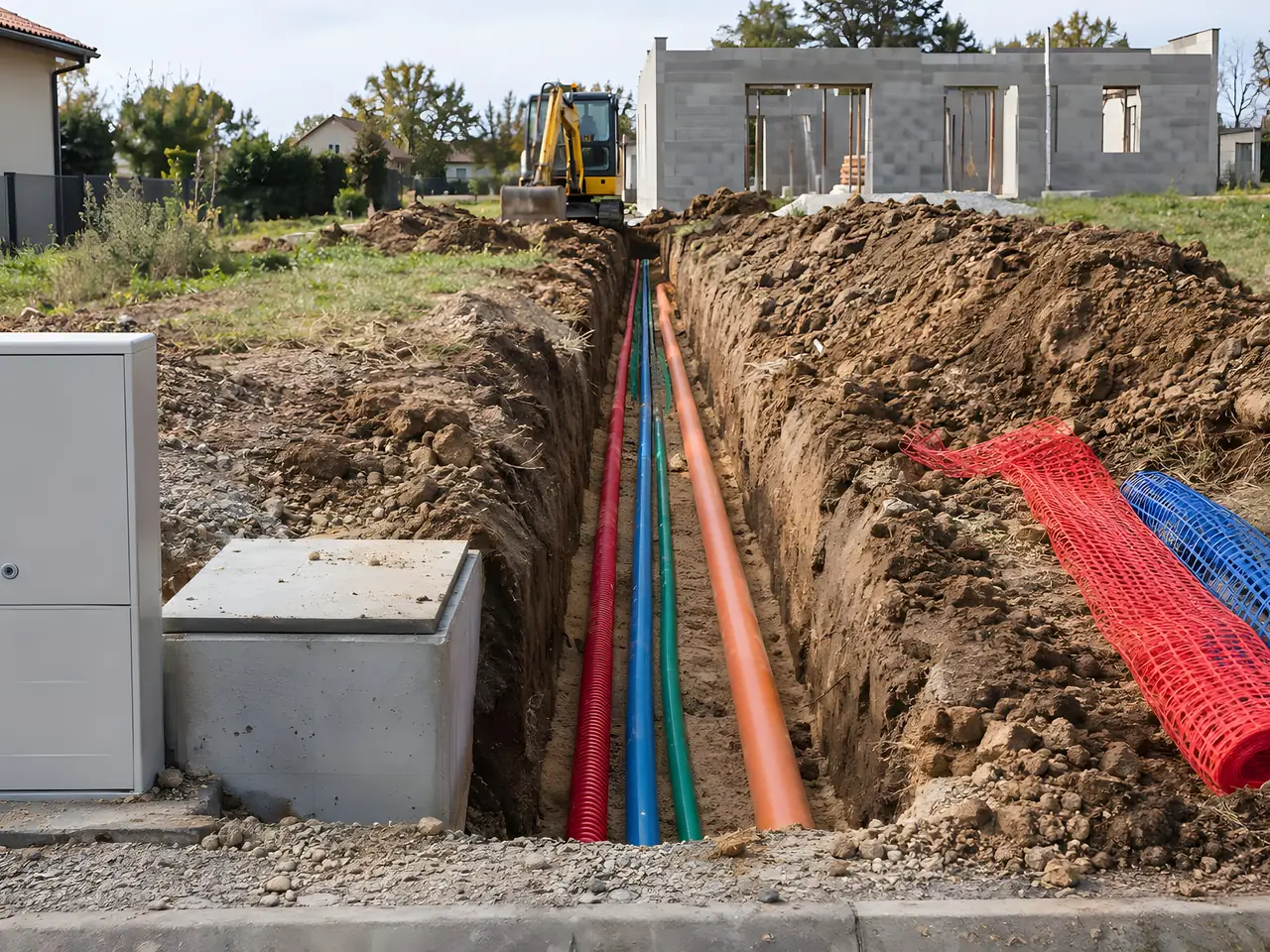 Tranchée de viabilisation, gaines de couleur et tuyau orange au fond